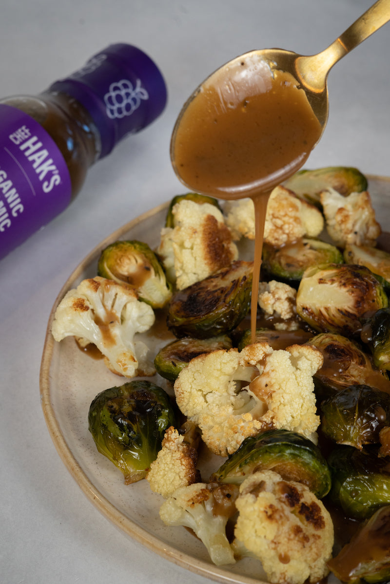 Roasted Cauliflower and Brussels Sprouts with Balsamic Drizzle