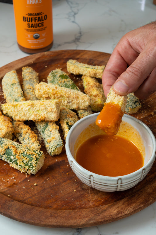 Air Fryer Breaded Zucchini Sticks with Buffalo Sauce