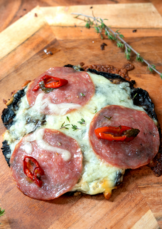 Mushroom Pizza with Salami and Roasted Red Peppers