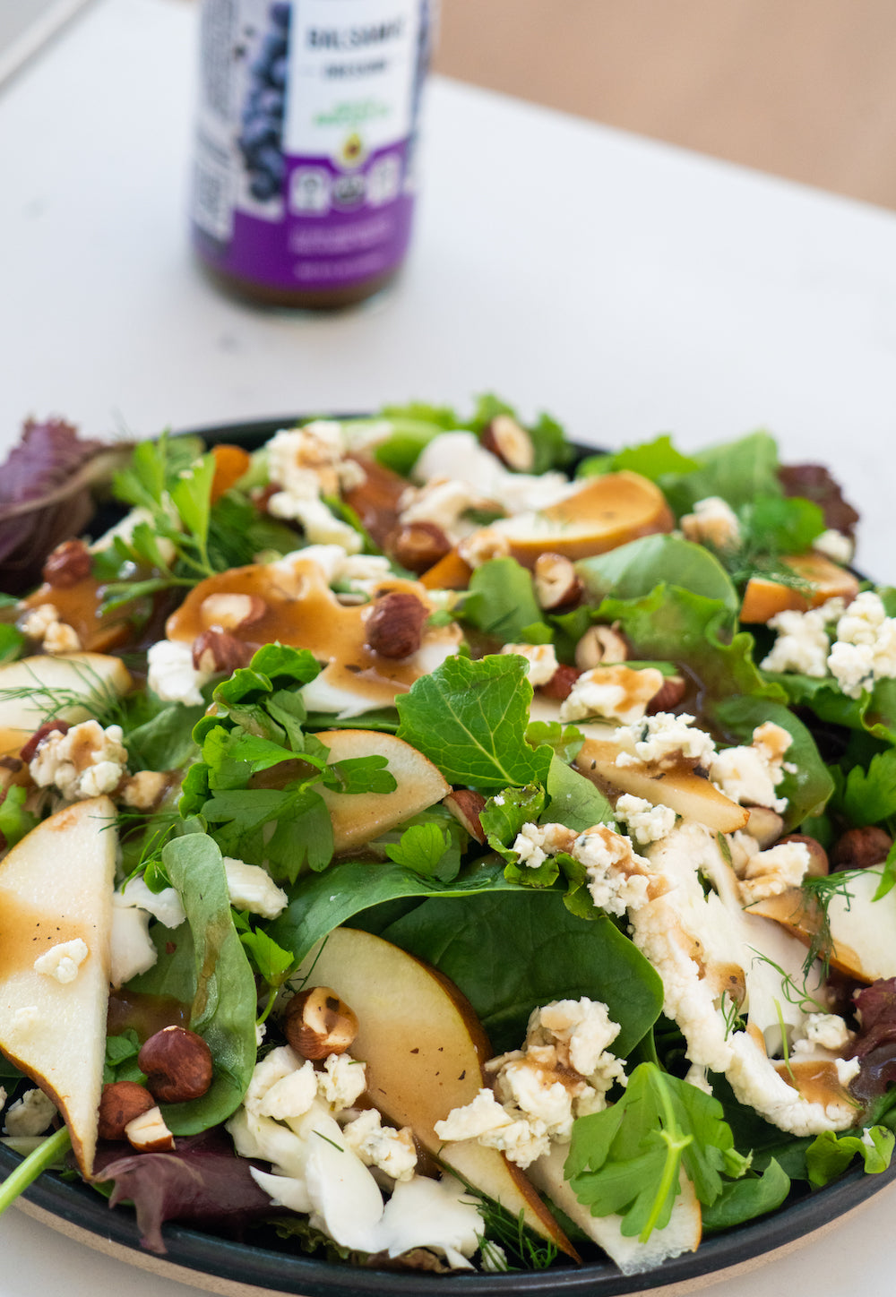 Cauliflower & Pear Salad with Balsamic Dressing & Blue Cheese Crumbles