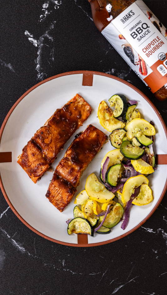 Chipotle Bourbon BBQ Salmon with Roasted Vegetables