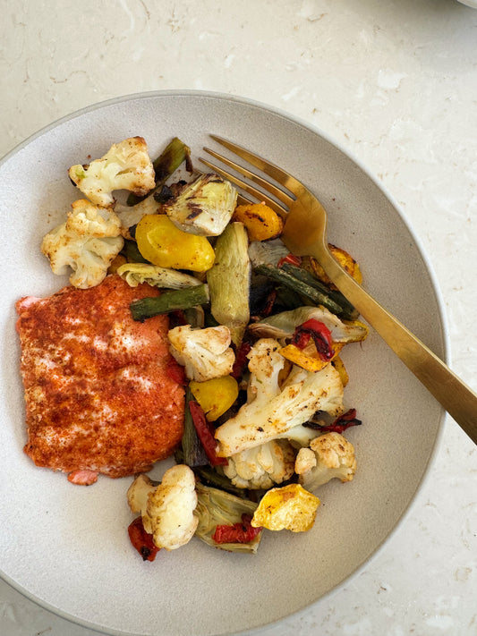 Sheet Pan Salmon + Mediterranean Veggies