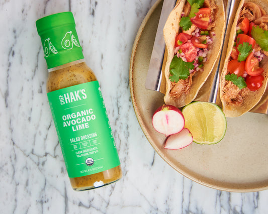 Shredded Chicken Tacos with Avocado Lime Dressing